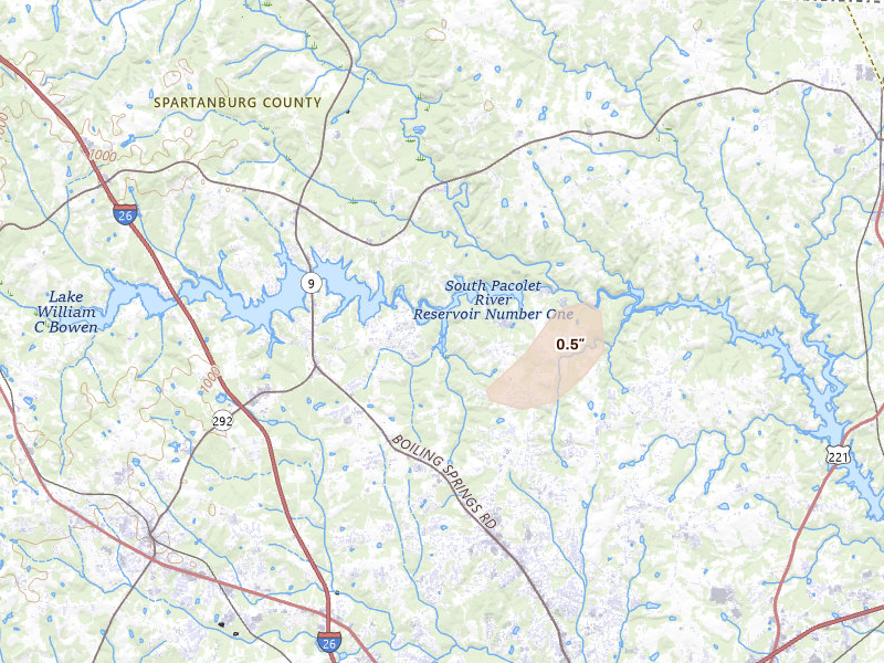 Radar-estimated hail-size map of the storm over Inman, SC on Jul 2, 2026