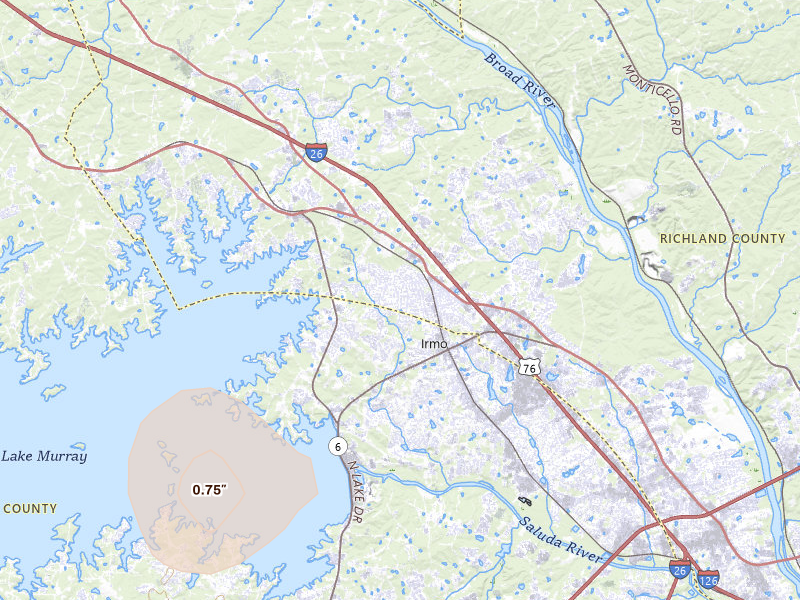 Radar-estimated hail-size map of the storm over Irmo, SC on Jul 6, 2026