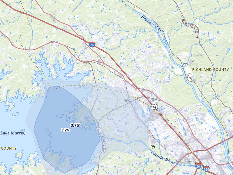 NEXRAD radar-signature map of the hail storm over Irmo, SC on Jul 6, 2026