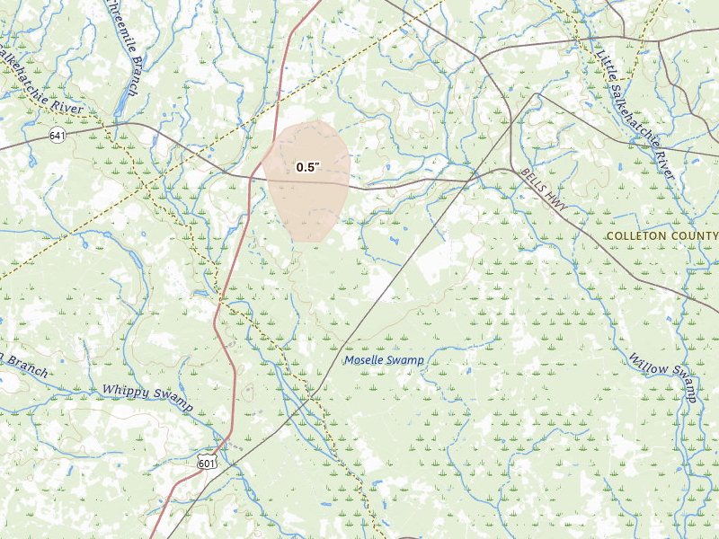 Radar-estimated hail-size map of the storm over Islandton, SC on Aug 27, 2026