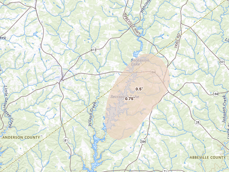 Radar-estimated hail-size map of the storm over Iva, SC on May 22, 2026