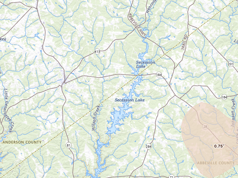 Radar-estimated hail-size map of the storm over Iva, SC on Jul 5, 2026