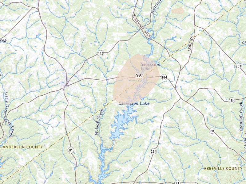 Radar-estimated hail-size map of the storm over Iva, SC on Aug 5, 2026