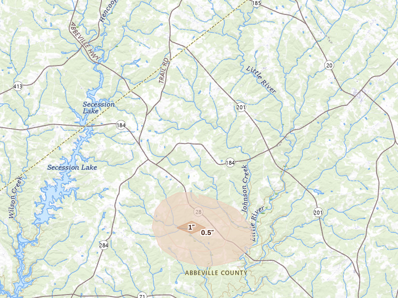 Radar-estimated hail-size map of the storm over Iva, SC on Aug 11, 2026
