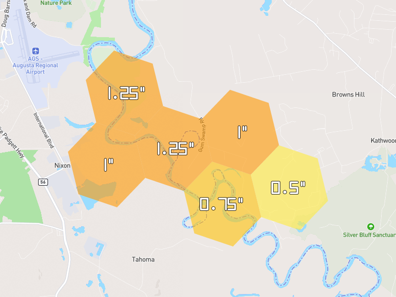 Hail map of Jackson, SC on Jun 27, 2026, hail up to 1.25"
