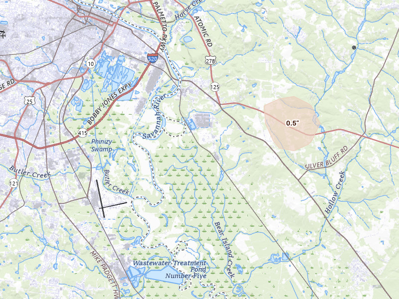 Radar-estimated hail-size map of the storm over Jackson, SC on Jul 17, 2026