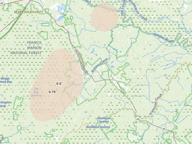 Radar-estimated hail-size map of the storm over Jamestown, SC on Jul 5, 2026
