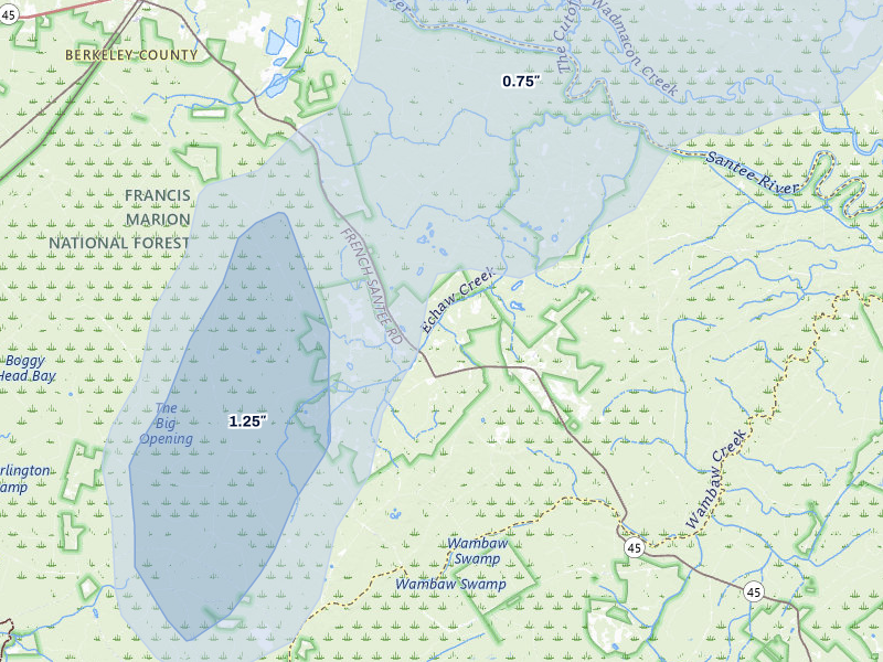 NEXRAD radar-signature map of the hail over Jamestown, SC