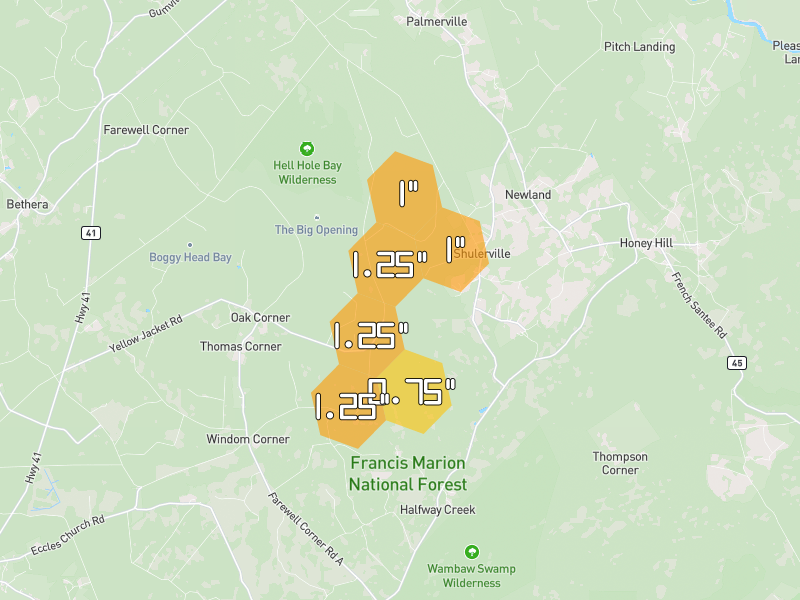 Hail map of Jamestown, SC on Jul 5, 2026, hail up to 1.25"