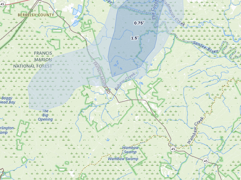 NEXRAD radar-signature map of the hail over Jamestown, SC