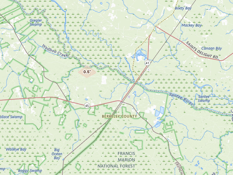 Radar-estimated hail-size map of the storm over Jamestown, SC on Aug 19, 2026