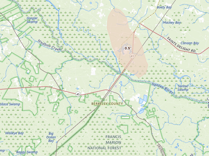 Radar-estimated hail-size map of the storm over Jamestown, SC on Aug 20, 2026