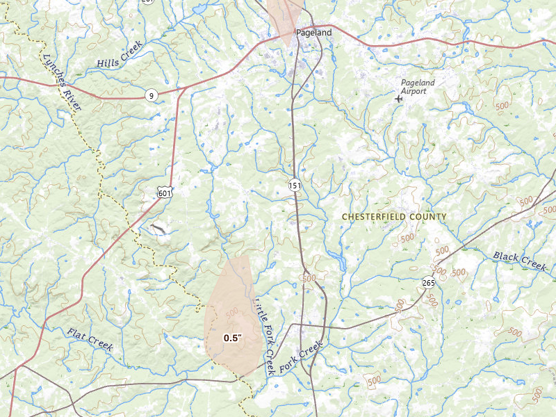 Radar-estimated hail-size map of the storm over Jefferson, SC on Aug 6, 2026