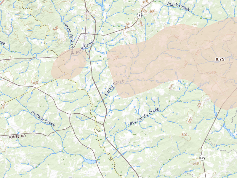 Radar-estimated hail-size map of the storm over Jefferson, SC on Aug 21, 2026