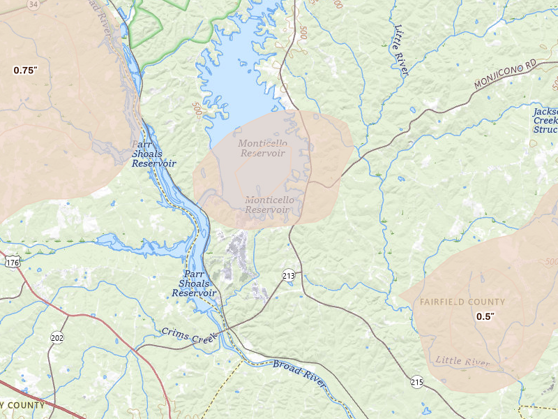 Radar-estimated hail-size map of the storm over Jenkinsville, SC on Aug 21, 2026