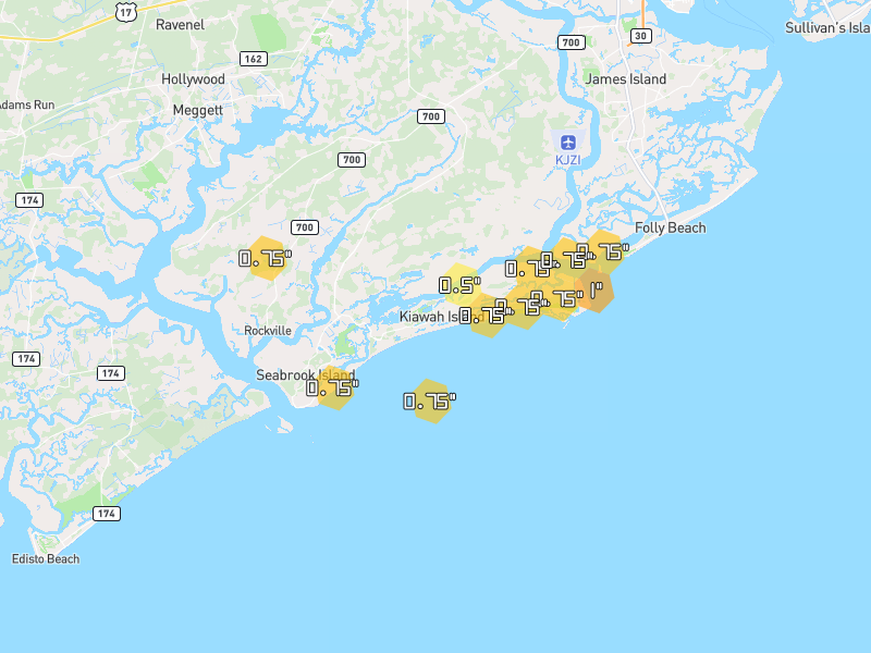Hail map of Johns Island, SC on Jul 11, 2026, hail up to 1"