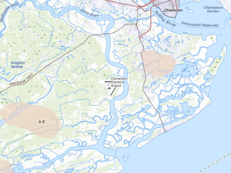 Radar-estimated hail-size map of the storm over Johns Island, SC on Jul 12, 2026