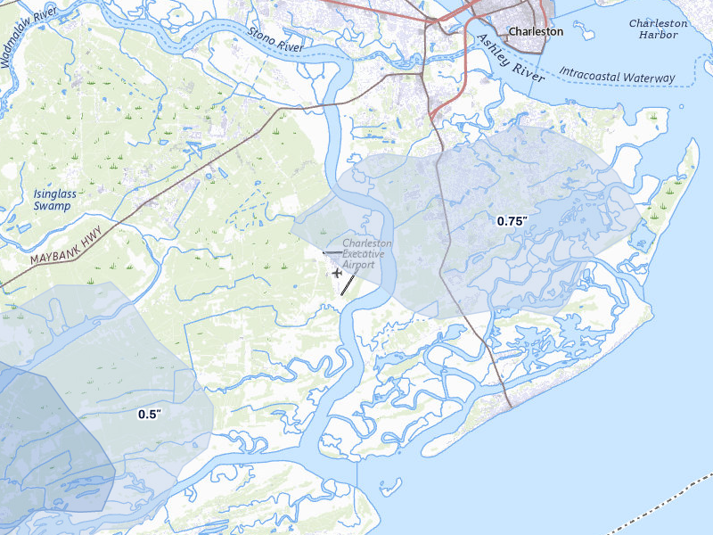 NEXRAD radar-signature map of the hail storm over Johns Island, SC on Jul 12, 2026