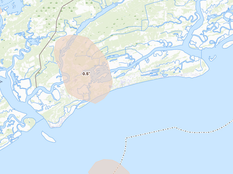Radar-estimated hail-size map of the storm over Johns Island, SC on Aug 22, 2026