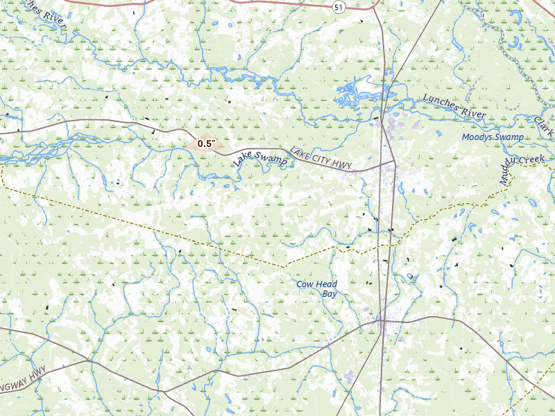 Radar-estimated hail-size map of the storm over Johnsonville, SC on Jul 10, 2026