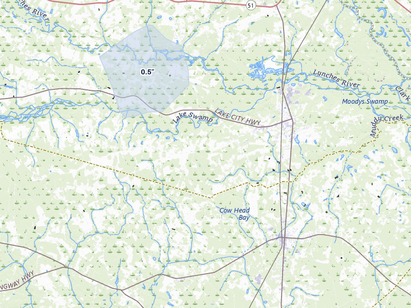 NEXRAD radar-signature map of the hail storm over Johnsonville, SC on Jul 10, 2026