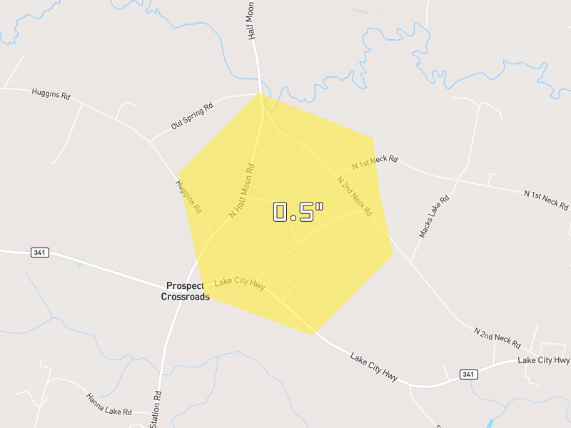 Hail map of Johnsonville, SC on Jul 10, 2026, hail up to 0.5"
