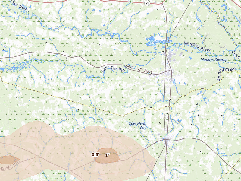 Radar-estimated hail-size map of the storm over Johnsonville, SC on Jul 11, 2026