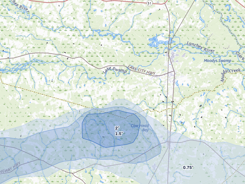 NEXRAD radar-signature map of the hail storm over Johnsonville, SC on Jul 11, 2026