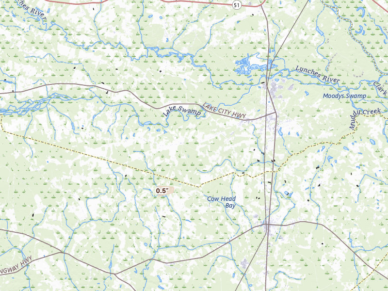 Radar-estimated hail-size map of the storm over Johnsonville, SC on Jul 17, 2026