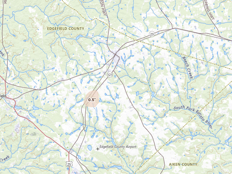 Radar-estimated hail-size map of the storm over Johnston, SC on Jul 9, 2026