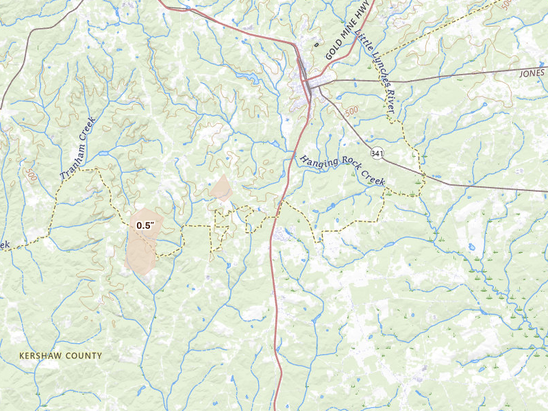 Radar-estimated hail-size map of the storm over Kershaw, SC on Jul 19, 2026