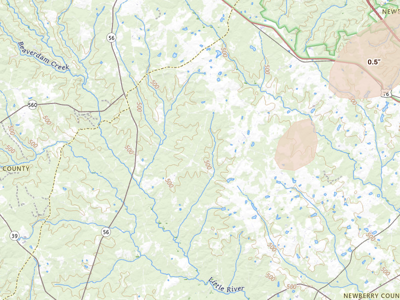 Radar-estimated hail-size map of the storm over Kinards, SC on Jul 6, 2026