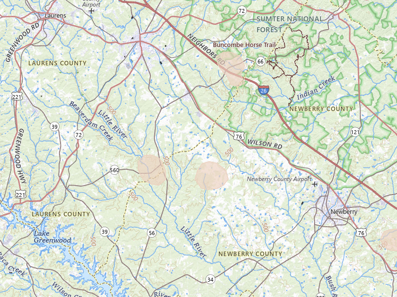 Radar-estimated hail-size map of the storm over Kinards, SC on Aug 11, 2026