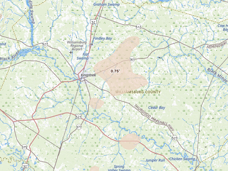 Radar-estimated hail-size map of the storm over Kingstree, SC on Jun 26, 2026