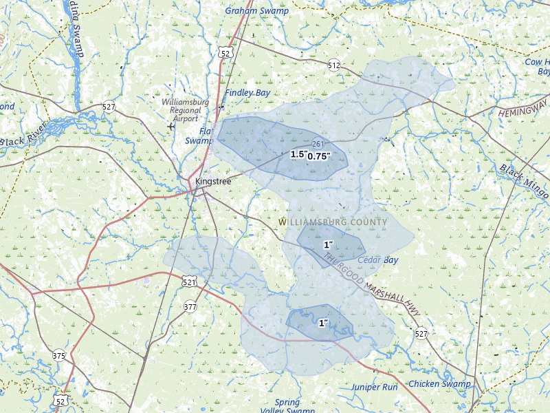 NEXRAD radar-signature map of the hail storm over Kingstree, SC on Jun 26, 2026