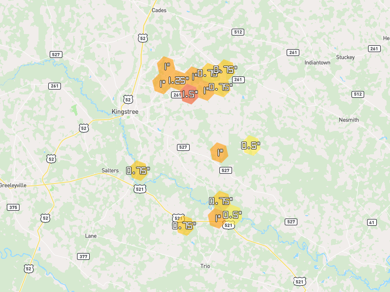 Hail map of Kingstree, SC on Jun 26, 2026, hail up to 1.5"