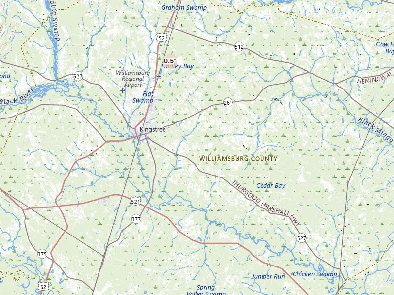 Radar-estimated hail-size map of the storm over Kingstree, SC on Jul 10, 2026