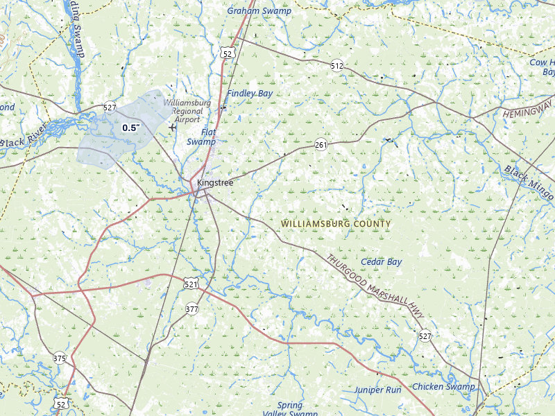 NEXRAD radar-signature map of the hail storm over Kingstree, SC on Jul 10, 2026