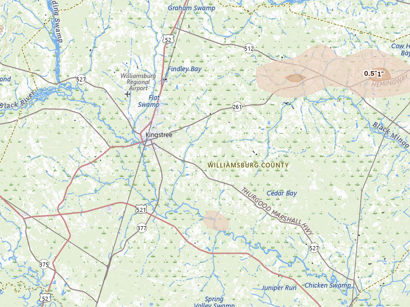 Radar-estimated hail-size map of the storm over Kingstree, SC on Jul 11, 2026