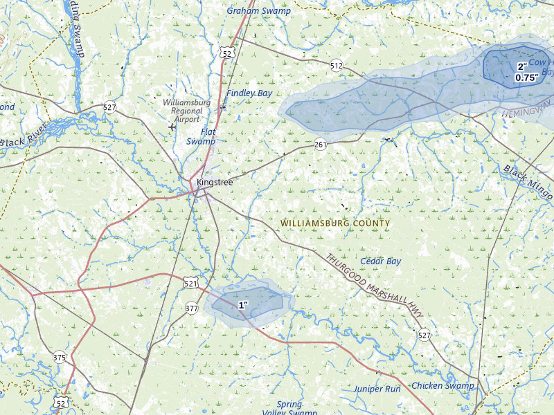 NEXRAD radar-signature map of the hail storm over Kingstree, SC on Jul 11, 2026