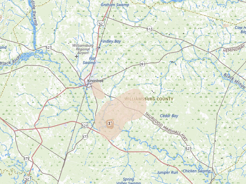 Radar-estimated hail-size map of the storm over Kingstree, SC on Jul 17, 2026