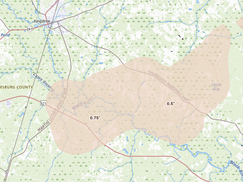 Radar-estimated hail-size map of the storm over Kingstree, SC on Aug 21, 2026