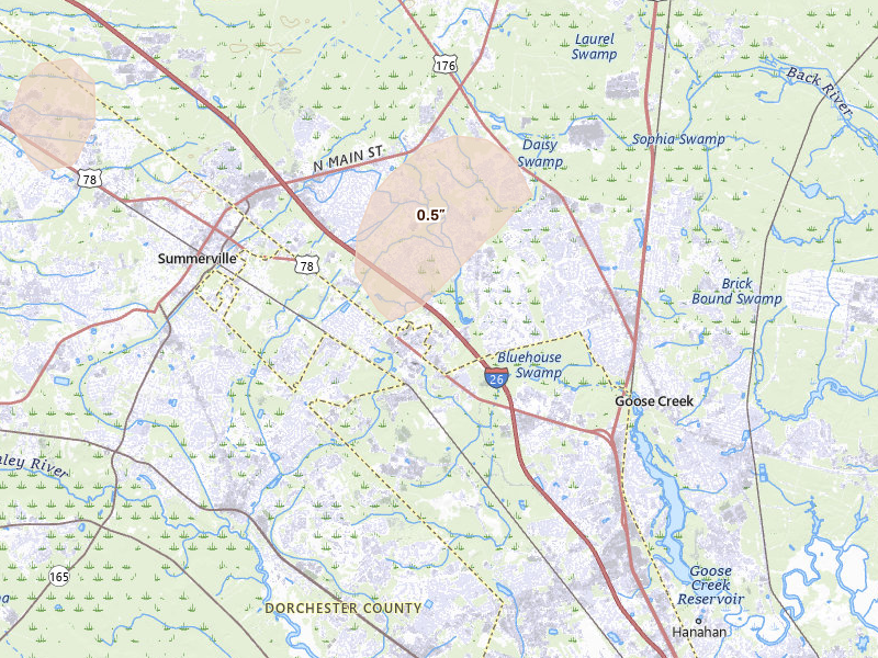Radar-estimated hail-size map of the storm over Ladson, SC on Jun 12, 2026