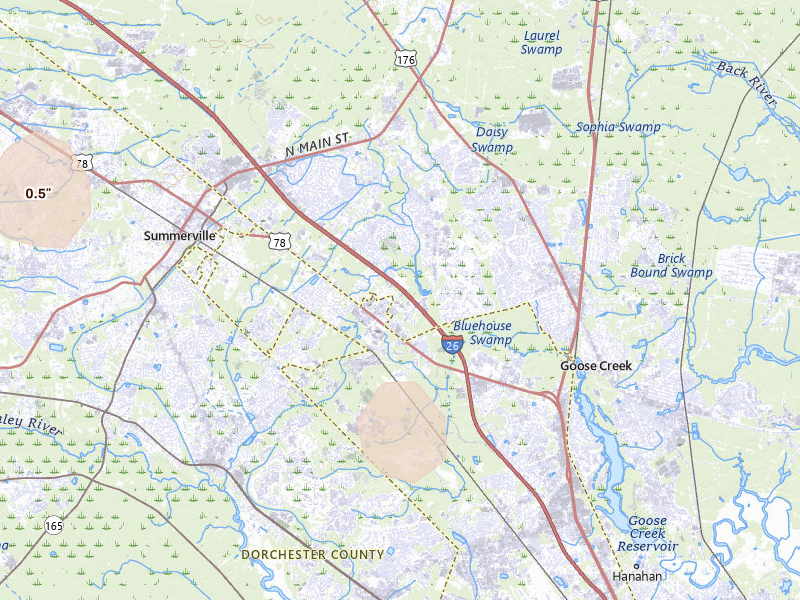 Radar-estimated hail-size map of the storm over Ladson, SC on Aug 19, 2026