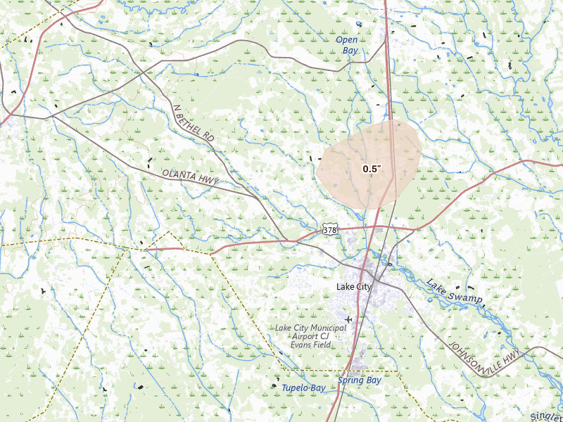 Radar-estimated hail-size map of the storm over Lake City, SC on Jul 5, 2026