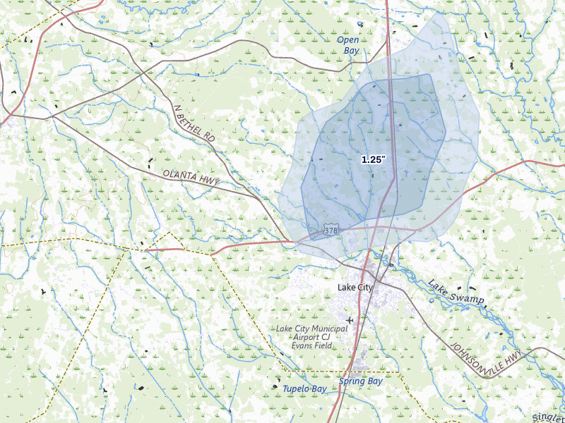 NEXRAD radar-signature map of the hail storm over Lake City, SC on Jul 5, 2026