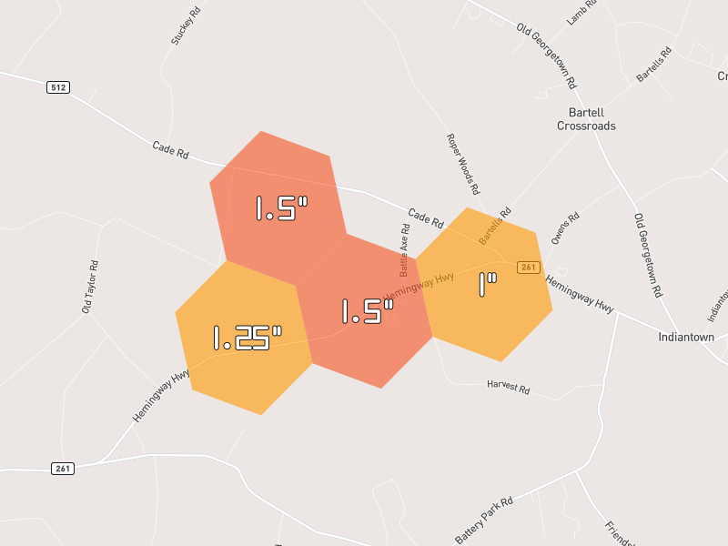 Hail map of Lake City, SC on Jul 11, 2026, hail up to 1.5"