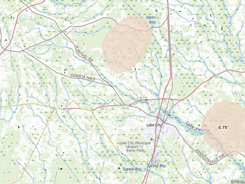 Radar-estimated hail-size map of the storm over Lake City, SC on Jul 12, 2026