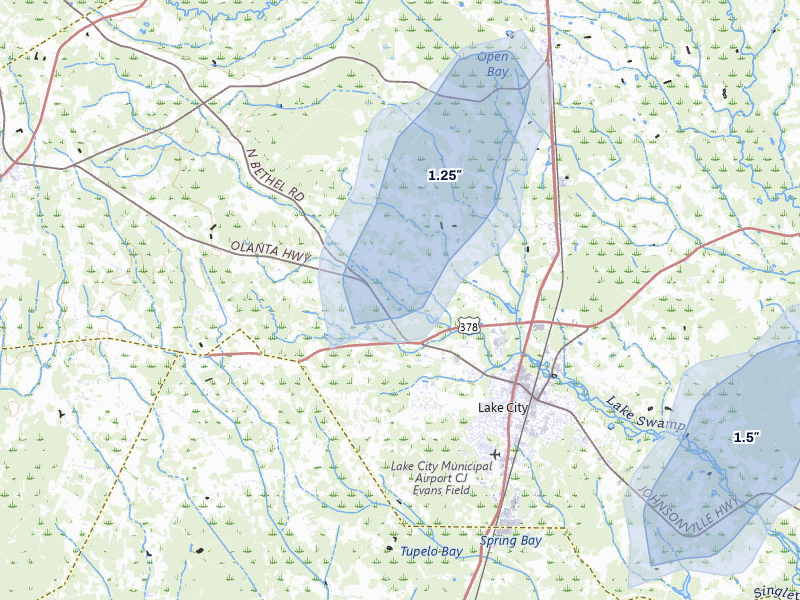 NEXRAD radar-signature map of the hail storm over Lake City, SC on Jul 12, 2026