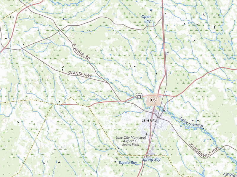 Radar-estimated hail-size map of the storm over Lake City, SC on Aug 10, 2026